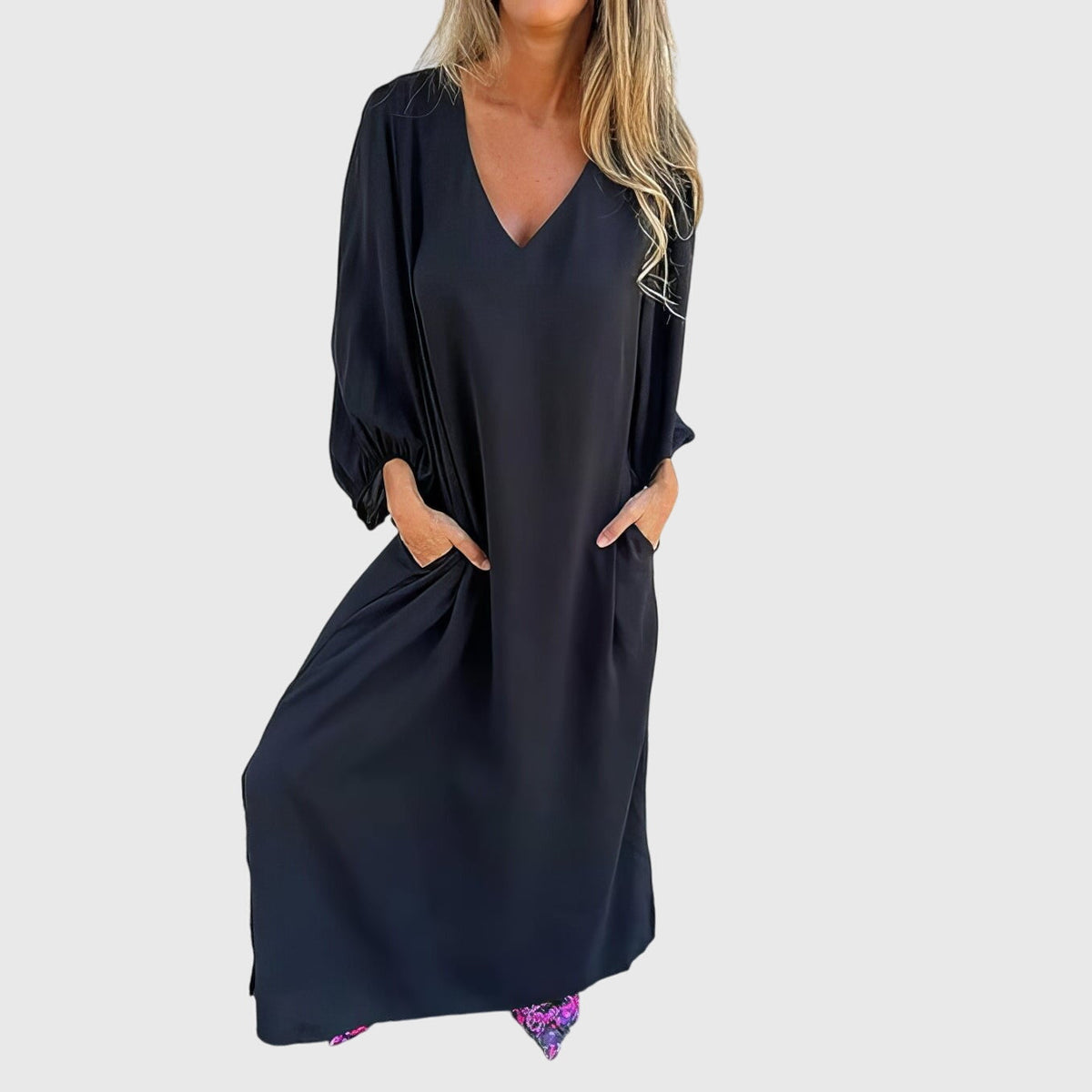 Women's Boho Dress | V-Neck Puff Sleeve Midi Pockets