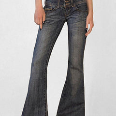 Blue women's Y2K low rise slim flare jeans, offering a comfortable fit and authentic retro style.