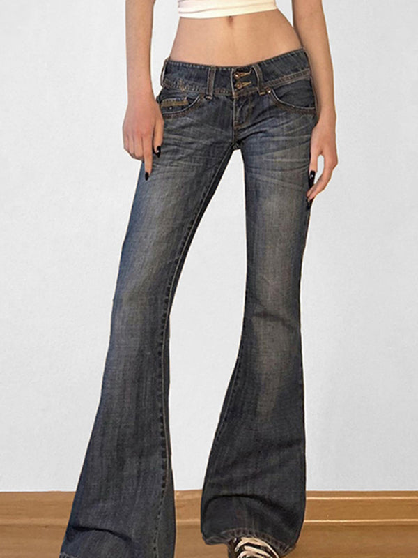 Blue women's Y2K low rise slim flare jeans, offering a comfortable fit and authentic retro style.