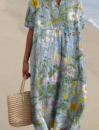Women's Flowy Dress | V-Neck Short Sleeve Floral Midi