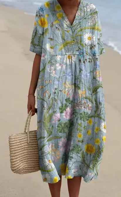Women's Flowy Dress | V-Neck Short Sleeve Floral Midi