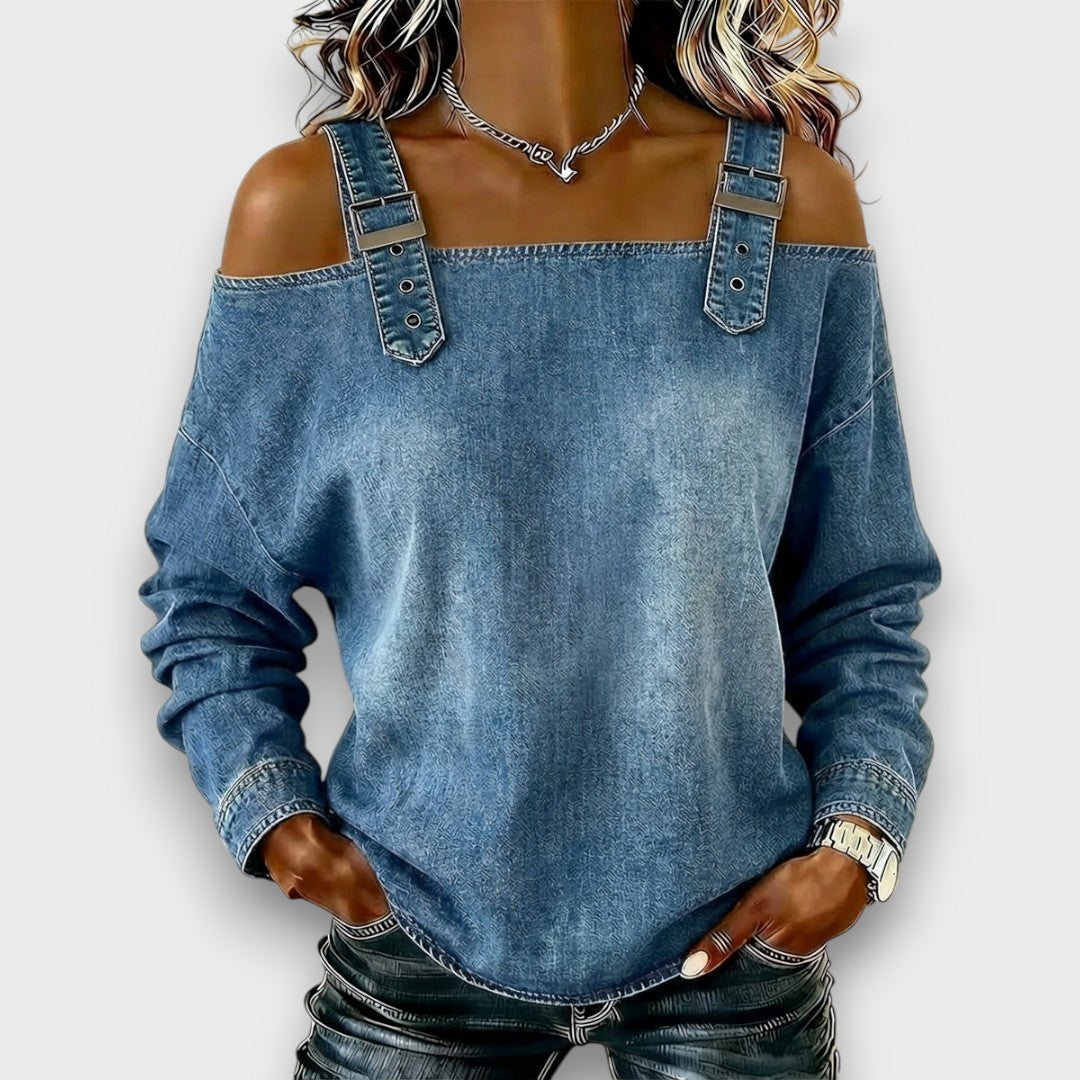 Women's Off The Shoulder Top | Cold Shoulder Denim Long Sleeve