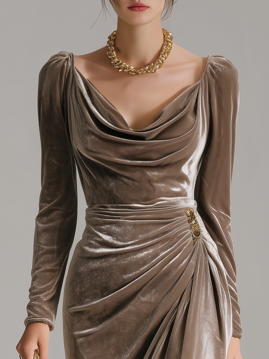 Women's Christmas Party Dress | Cowl Neck Long Sleeve Velvet Midi Wrap