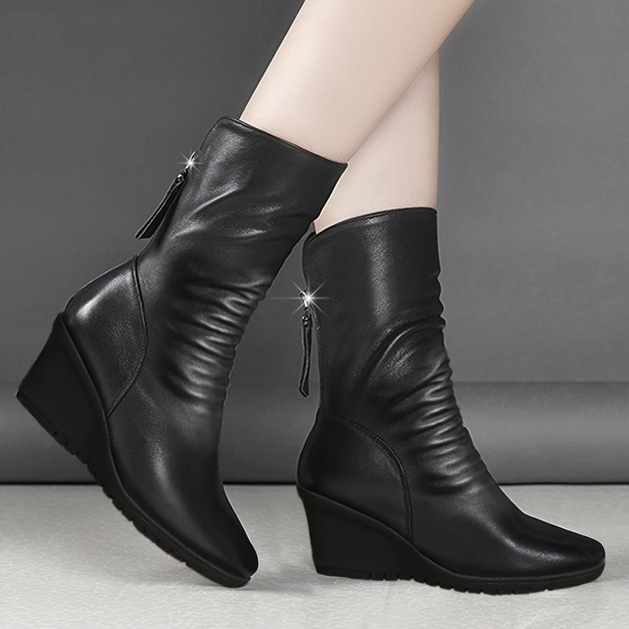 Women's Boots | Wedge Heel Mid-Calf Leather Zip