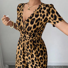 Women's Jumpsuit | Wrap Neckline Wide Leg Leopard Print