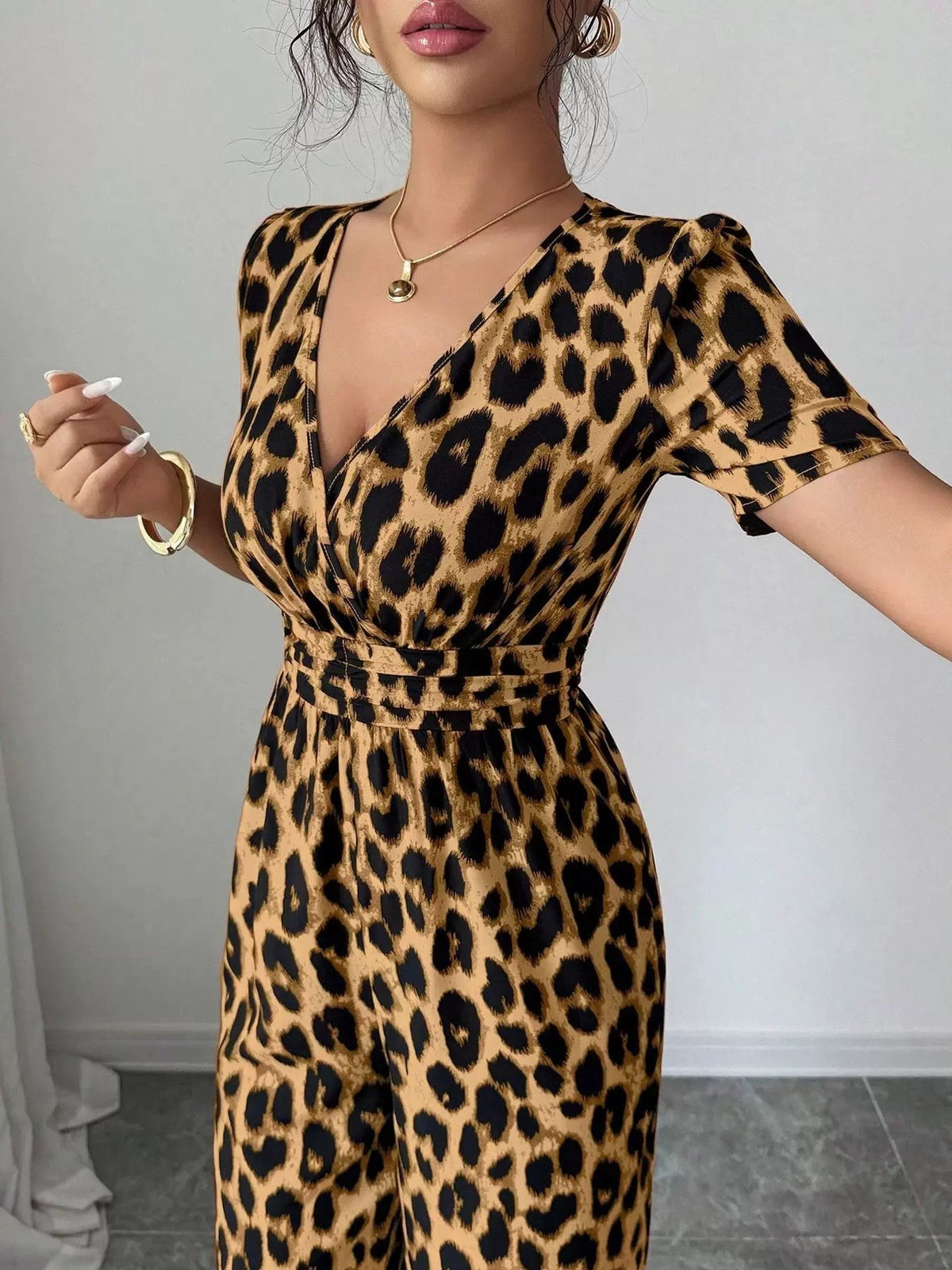 Women's Jumpsuit | Wrap Neckline Wide Leg Leopard Print