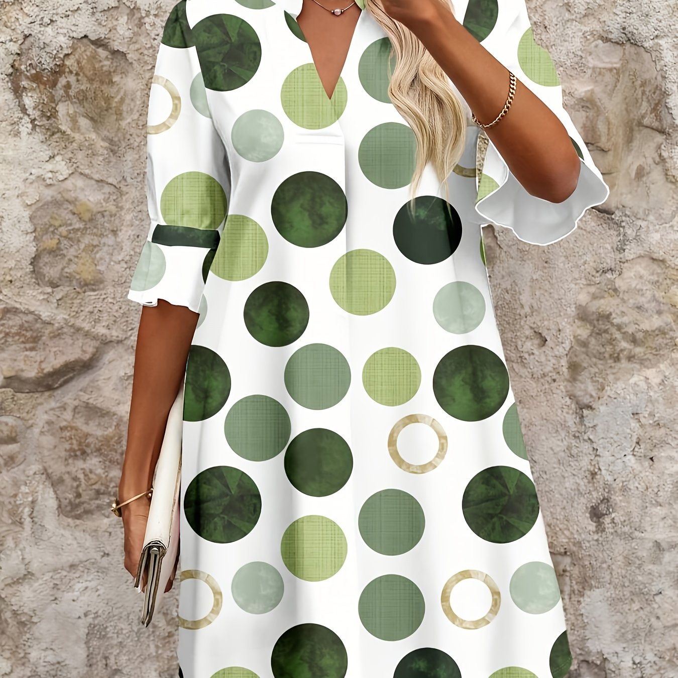 Women's Mini Dress | V-Neck Polka Dot Flared Sleeve