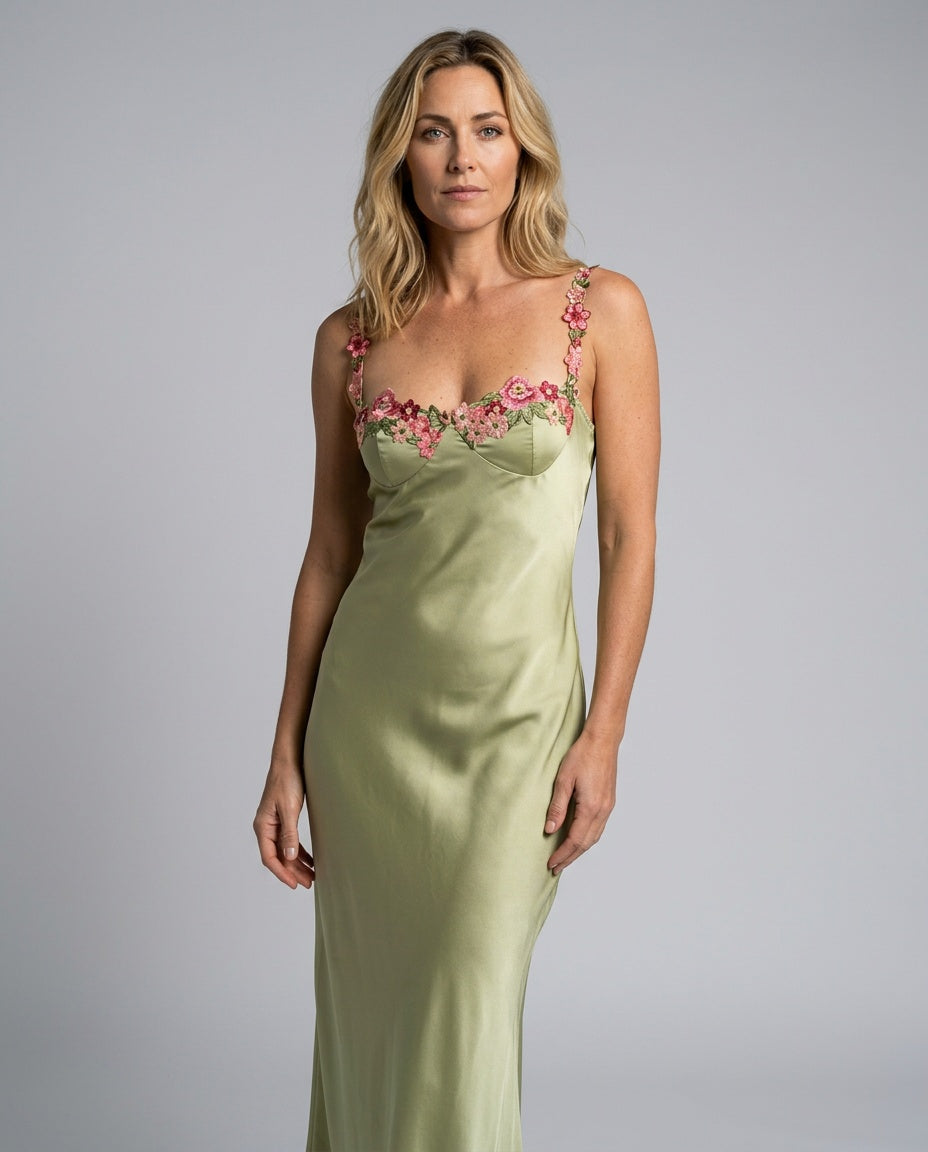 Women's Green Bridesmaid Dress | Maxi Sweetheart Neckline Floral Straps