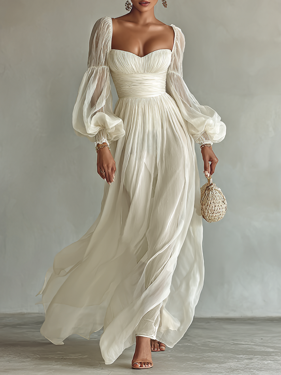 Women's Hens Day Dress | Square Neck Long Sleeve Maxi Chiffon