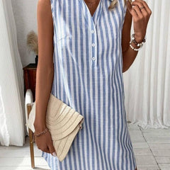 Women's Shirt Dress | V-Neck Sleeveless Mini Striped Button-Front