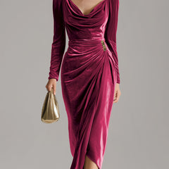 Women's Christmas Party Dress | Cowl Neck Long Sleeve Velvet Midi Wrap