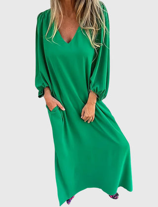 Women's Boho Dress | V-Neck Puff Sleeve Midi Pockets