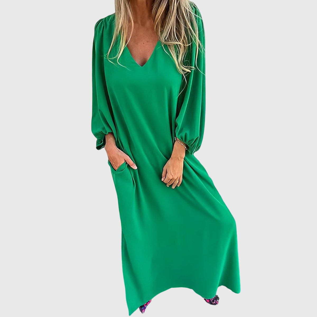 Women's Boho Dress | V-Neck Puff Sleeve Midi Pockets