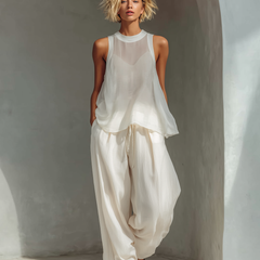 Women's Linen Pants | Wide Leg Drawstring Crew Neck Sleeveless