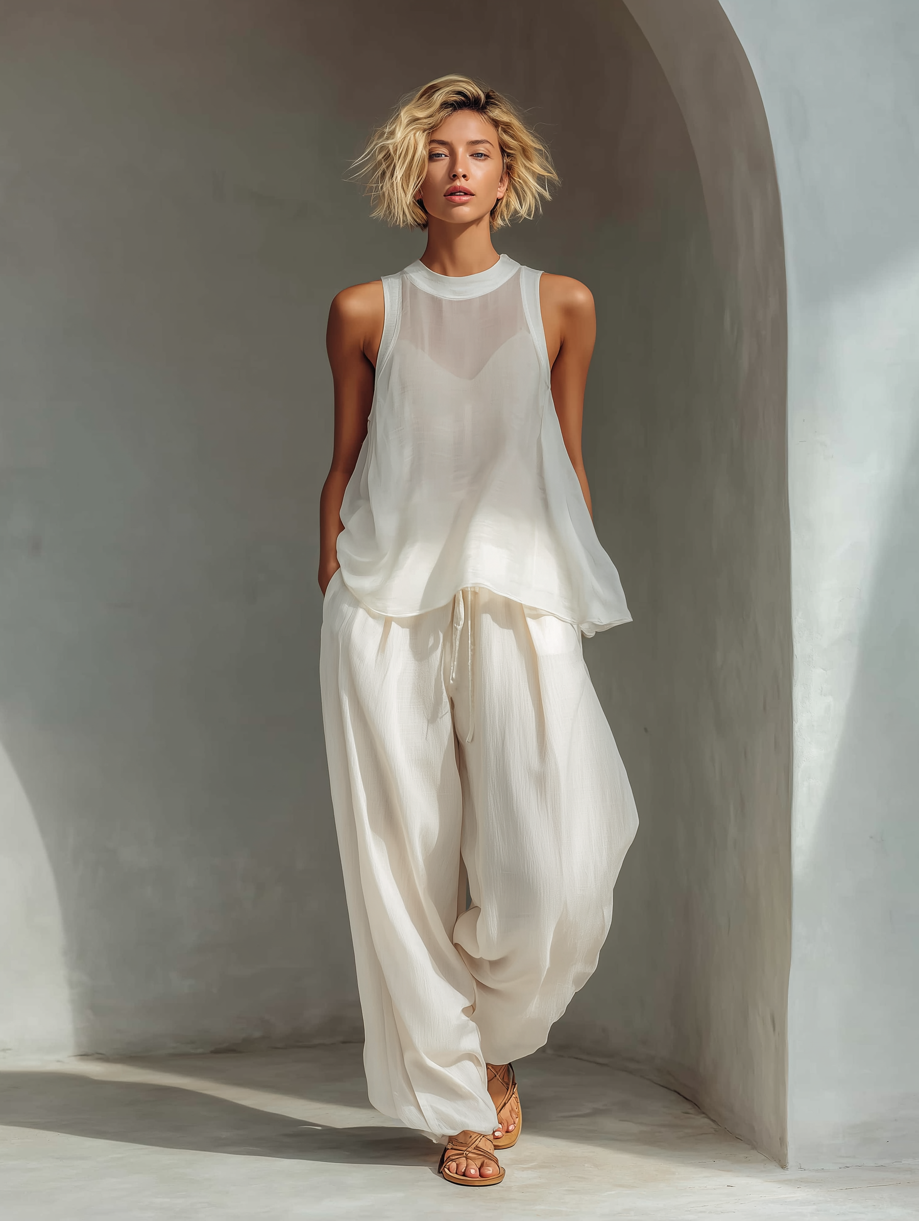 Women's Linen Pants | Wide Leg Drawstring Crew Neck Sleeveless