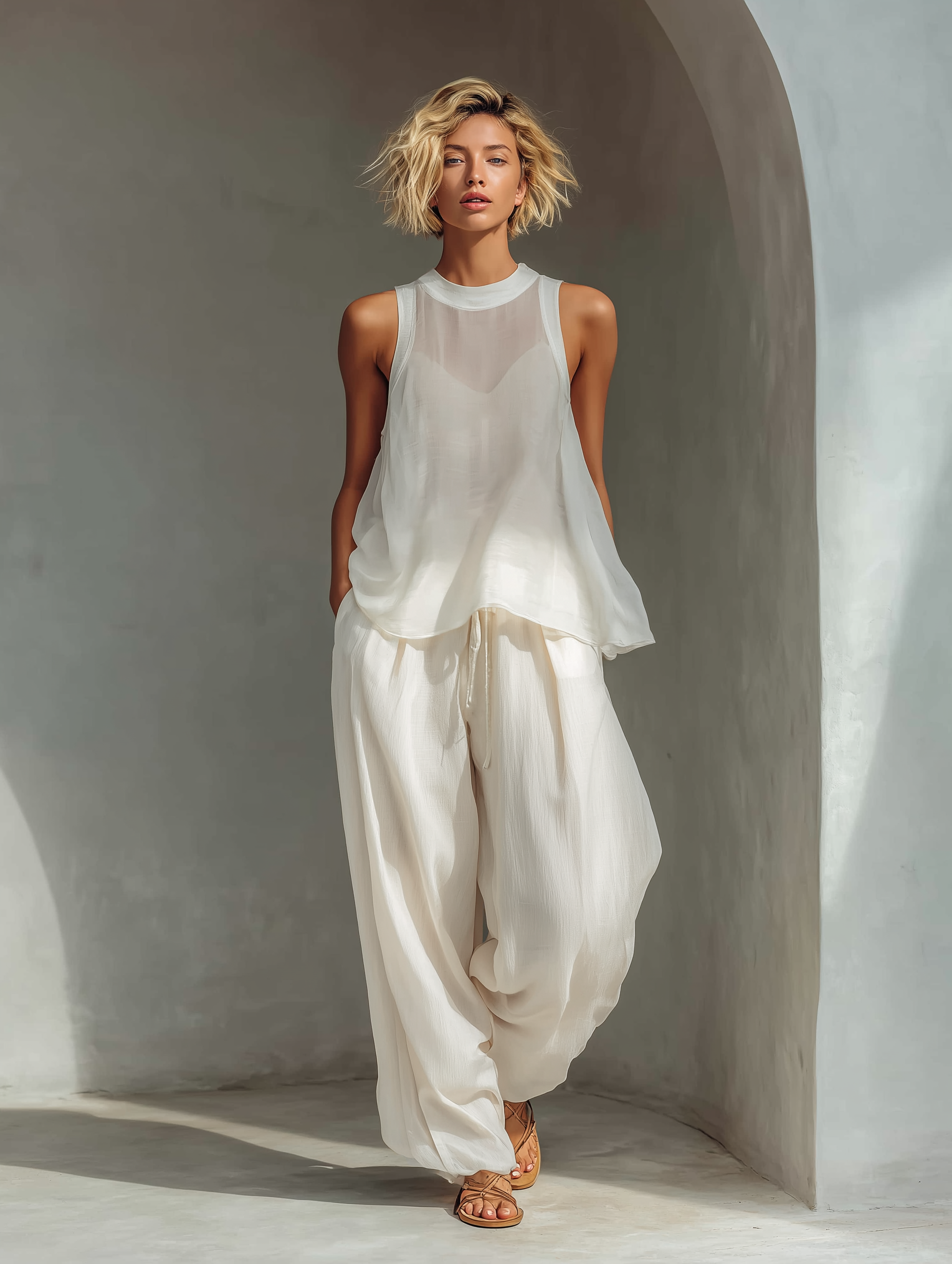 Women's Linen Pants | Wide Leg Drawstring Crew Neck Sleeveless