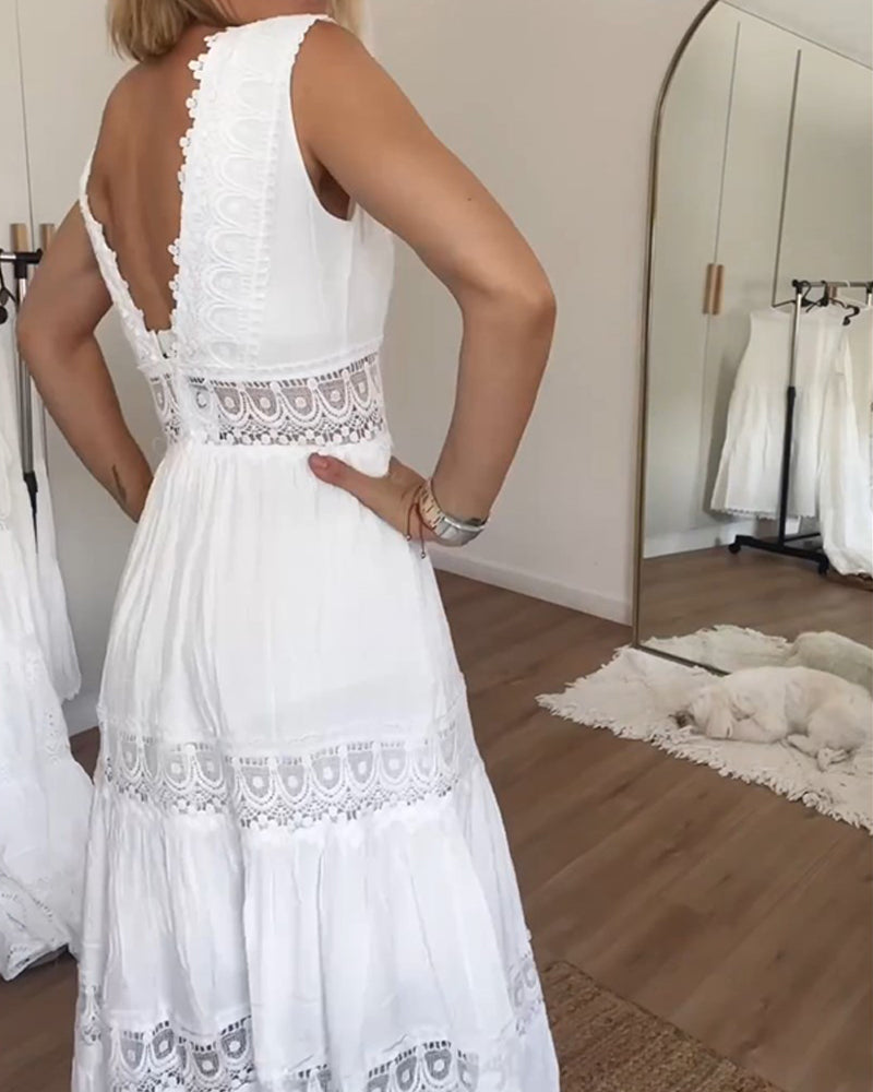 Women's Lace Dress | V-Neck Sleeveless Midi Lace Trim
