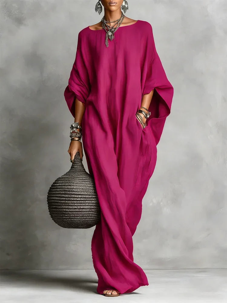 Women's Long Dress | Relaxed Silhouette Batwing Sleeve Linen