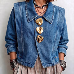 Women's Denim Jacket | Collared Button Closure Long Sleeve