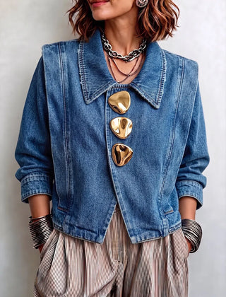 Women's Denim Jacket | Collared Button Closure Long Sleeve