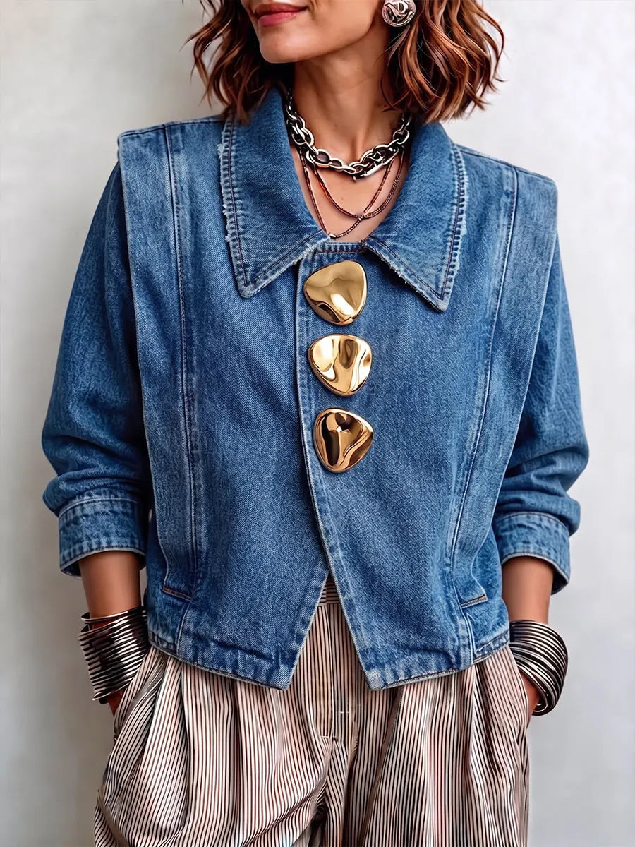 Women's Denim Jacket | Collared Button Closure Long Sleeve
