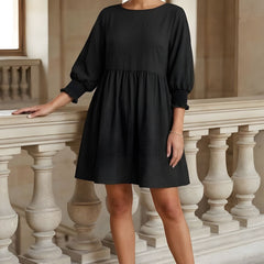 Women's Babydoll Dress | Midi Crew Neckline Smocked Cuff