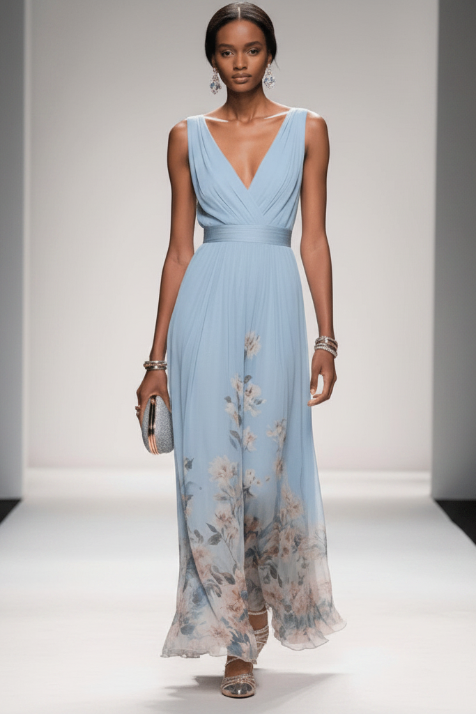 Women's Christmas Dress | Maxi V-Neck Floral Chiffon