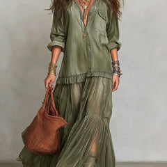 Women's Casual Maxi Dress | Lapel Collar Long Sleeve Denim Organza