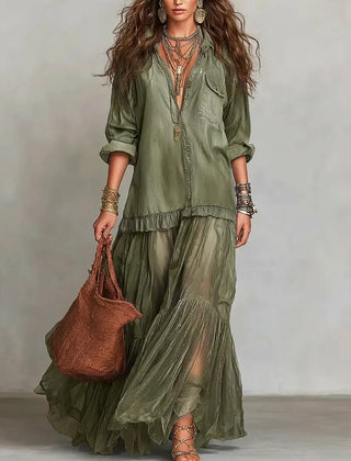 Women's Casual Maxi Dress | Lapel Collar Long Sleeve Denim Organza