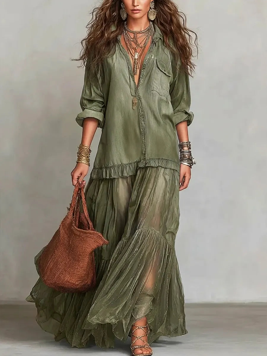 Women's Casual Maxi Dress | Lapel Collar Long Sleeve Denim Organza