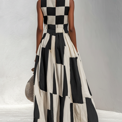 Women's Linen Maxi Dress | Maxi Sleeveless Crew Neck Checkered
