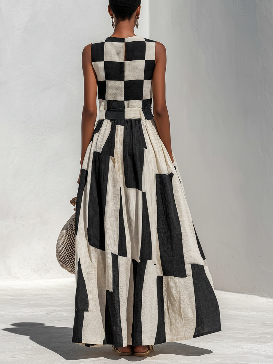 Women's Linen Maxi Dress | Maxi Sleeveless Crew Neck Checkered