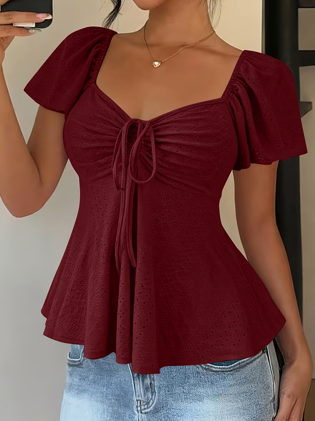 Women's Peplum Top | Sweetheart Neckline Flutter Sleeve Tie Closure