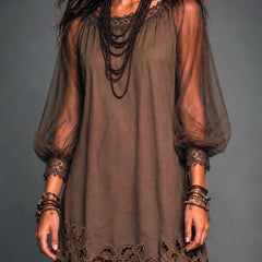 Women's Floral Mini Dress | Boat Neck Puff Sleeve Lace Mesh