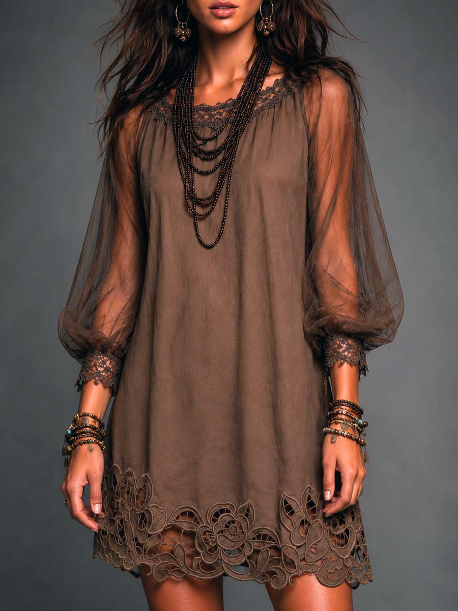 Women's Floral Mini Dress | Boat Neck Puff Sleeve Lace Mesh