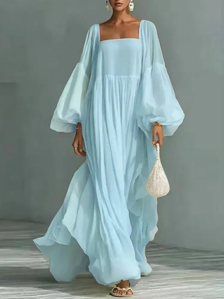 Women's Flowy Maxi Dress | Square Neckline Puff Sleeve Maxi