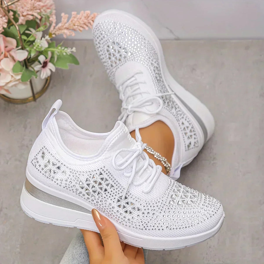 Women's White Sneakers | Rhinestone Lace-Up Knit Platform