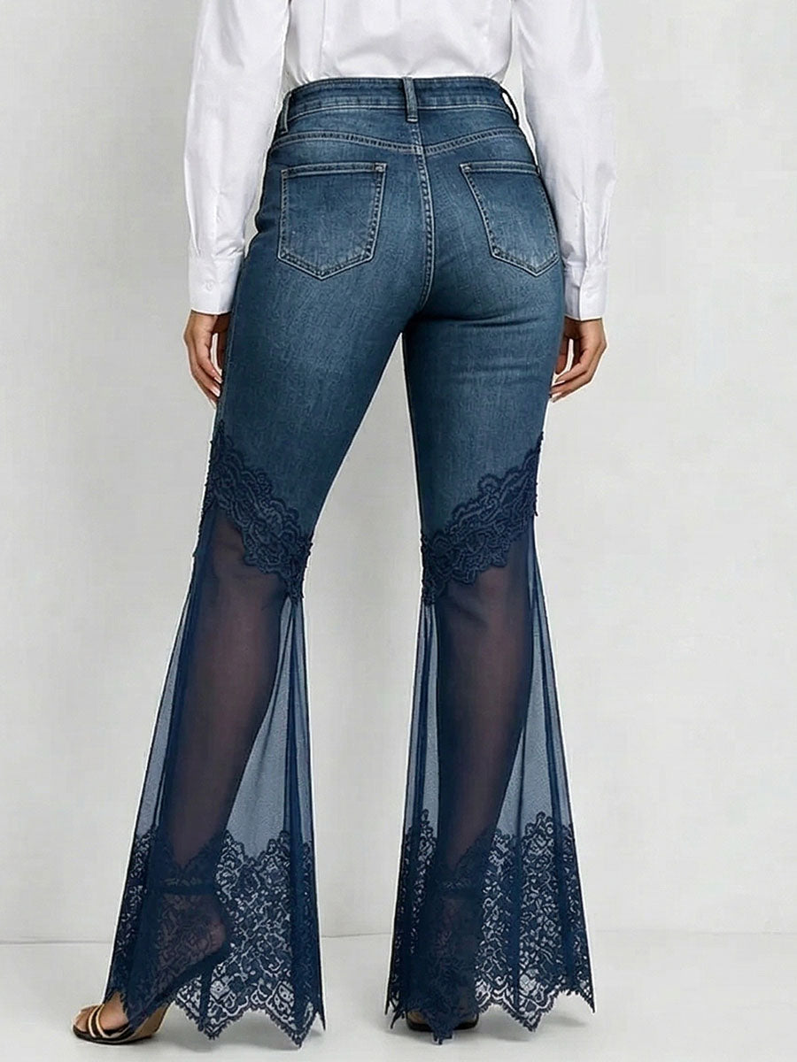 Women's Lace Pants | High-Waisted Wide-Leg Denim Zipper