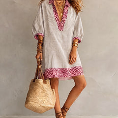 Women's Summer Dress | Midi Shirt Collar Puffed Sleeve Leopard Trim