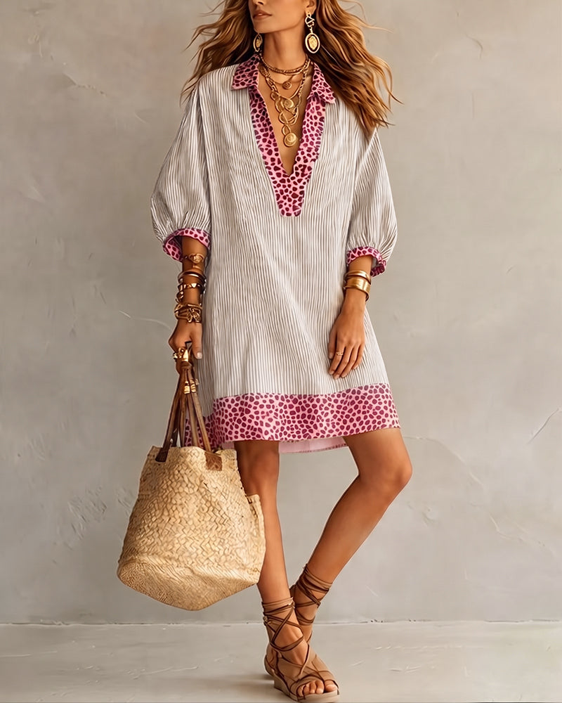 Women's Summer Dress | Midi Collar Puffed Sleeves Leopard Trim