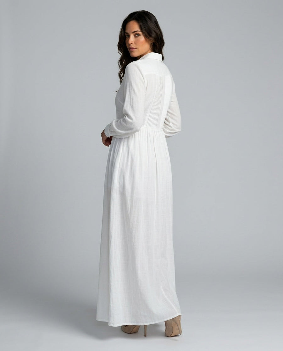 Women's White Dress | Maxi Long Sleeve Button Front