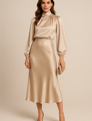 Women's Mother Of The Groom Dress | Midi Length Cowl Neck Puff Sleeve Satin