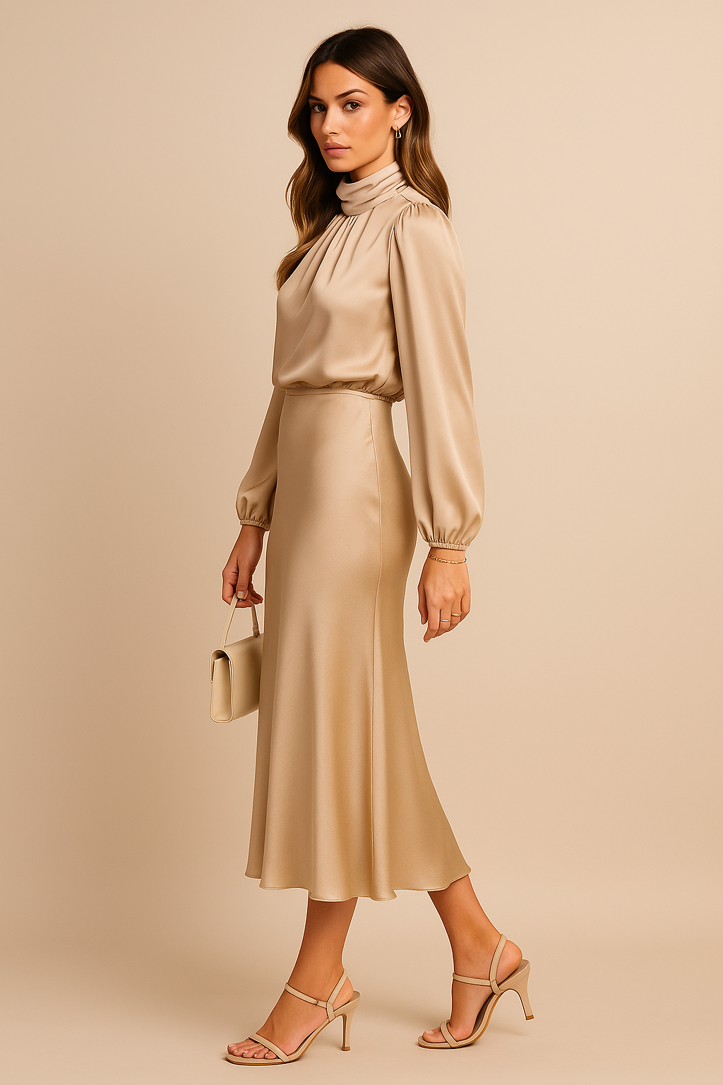 Women's Mother Of The Groom Dress | Midi Length Cowl Neck Puff Sleeve Satin