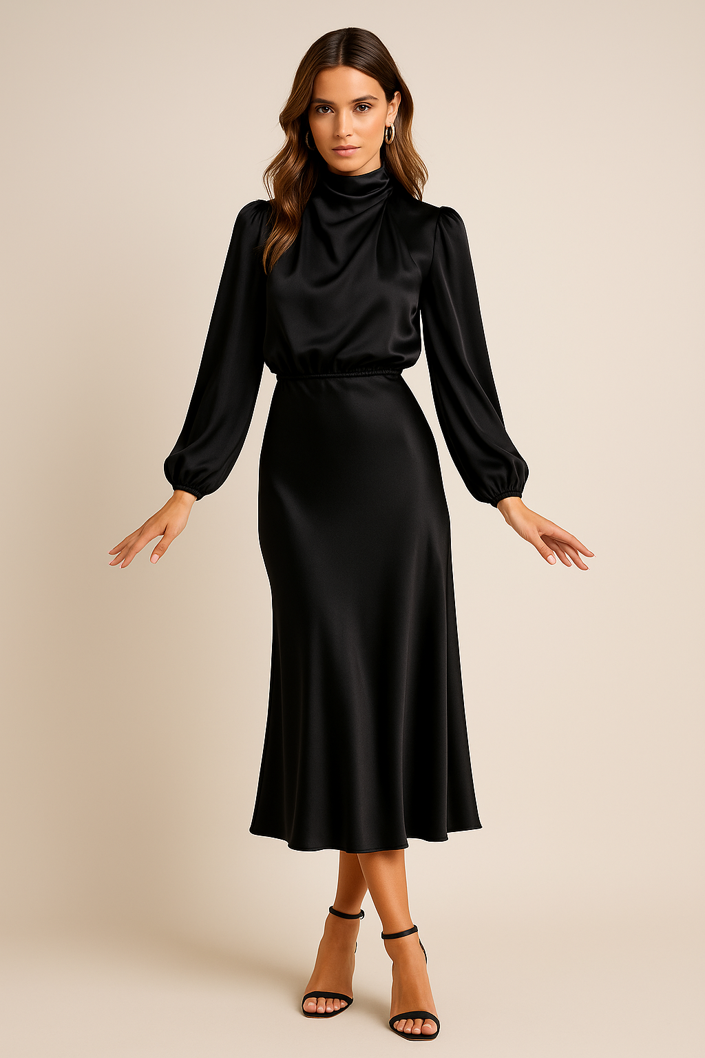 Women's Mother Of The Groom Dress | Midi Length Cowl Neck Puff Sleeve Satin
