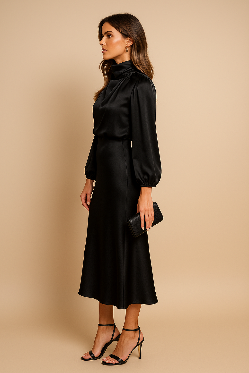 Women's Mother Of The Groom Dress | Midi Length Cowl Neck Puff Sleeve Satin