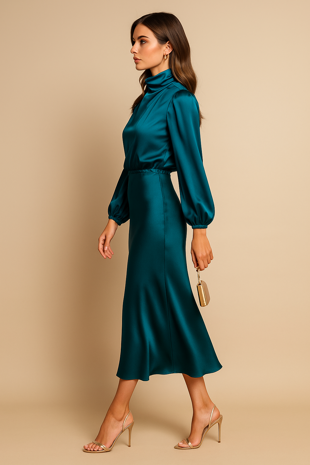 Women's Mother Of The Groom Dress | Midi Length Cowl Neck Puff Sleeve Satin