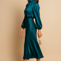 Women's Mother Of The Groom Dress | Midi Length Cowl Neck Puff Sleeve Satin