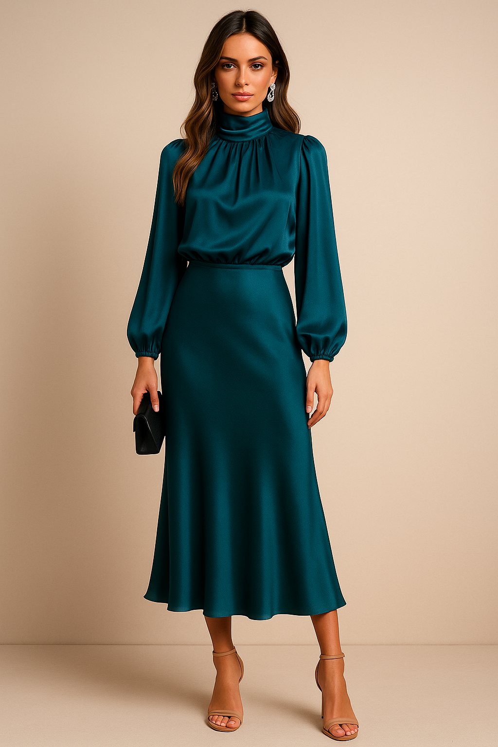 Women's Mother Of The Groom Dress | Midi Length Cowl Neck Puff Sleeve Satin