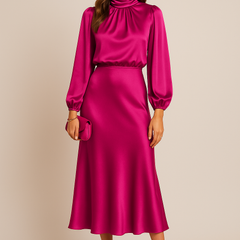 Women's Mother Of The Groom Dress | Midi Length Cowl Neck Puff Sleeve Satin