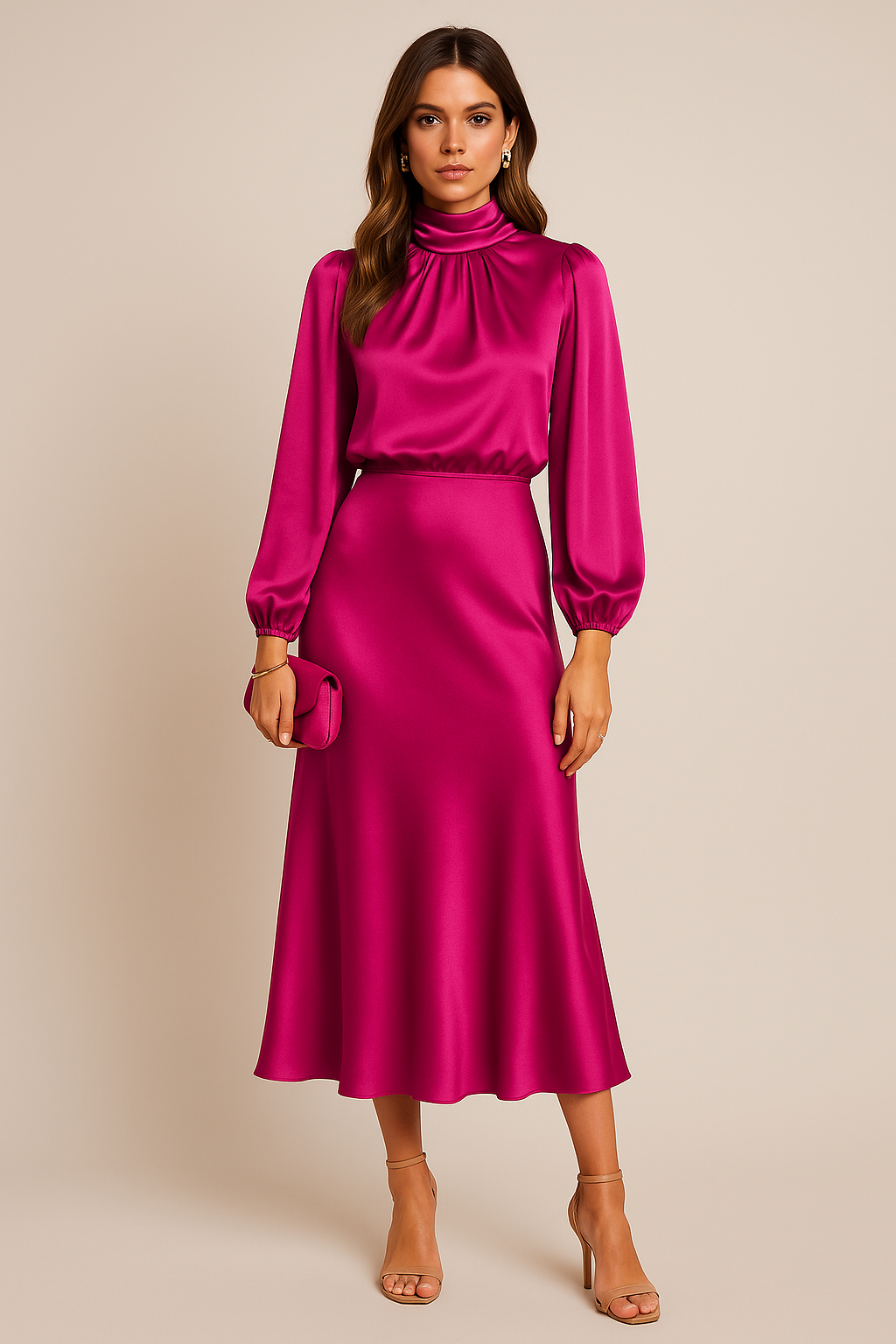 Women's Mother Of The Groom Dress | Midi Length Cowl Neck Puff Sleeve Satin